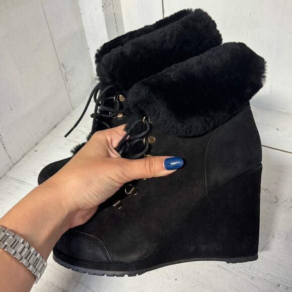 NWT L.K. Bennett Cecily Suede Shearling Ankle Wedge Boots Black Women's 38.5 - Picture 4 of 9